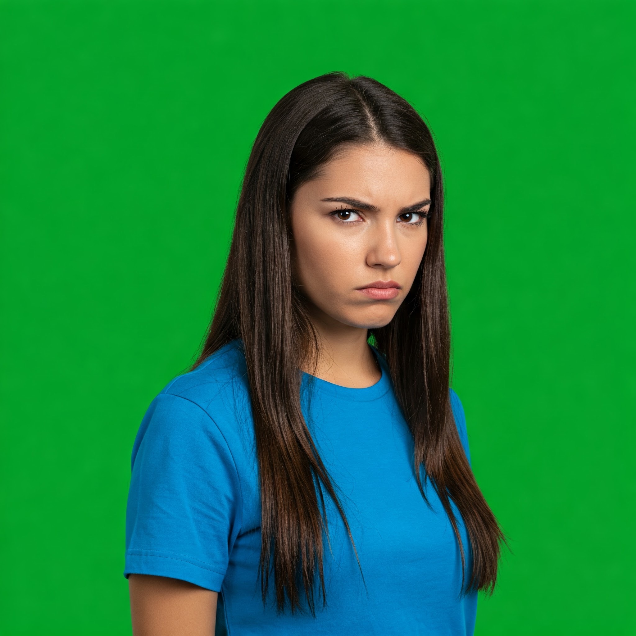photo of Annoyed Young Woman Frowning Against Green Screen